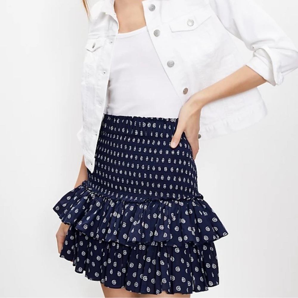 Loft Tiered Ruffle Skirt Medium Smocked Cotton Navy Blue White Shell Print